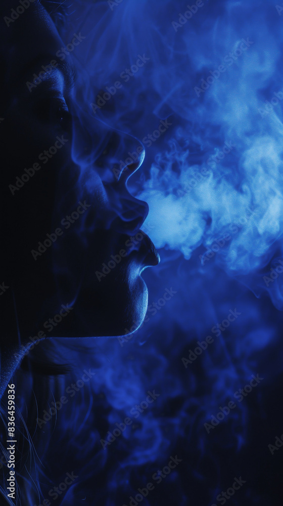 Woman exhaling smoke in dark room illuminated by blue light, abstract concept Woman exhaling smoke in dark room illuminated by blue light, abstract concept