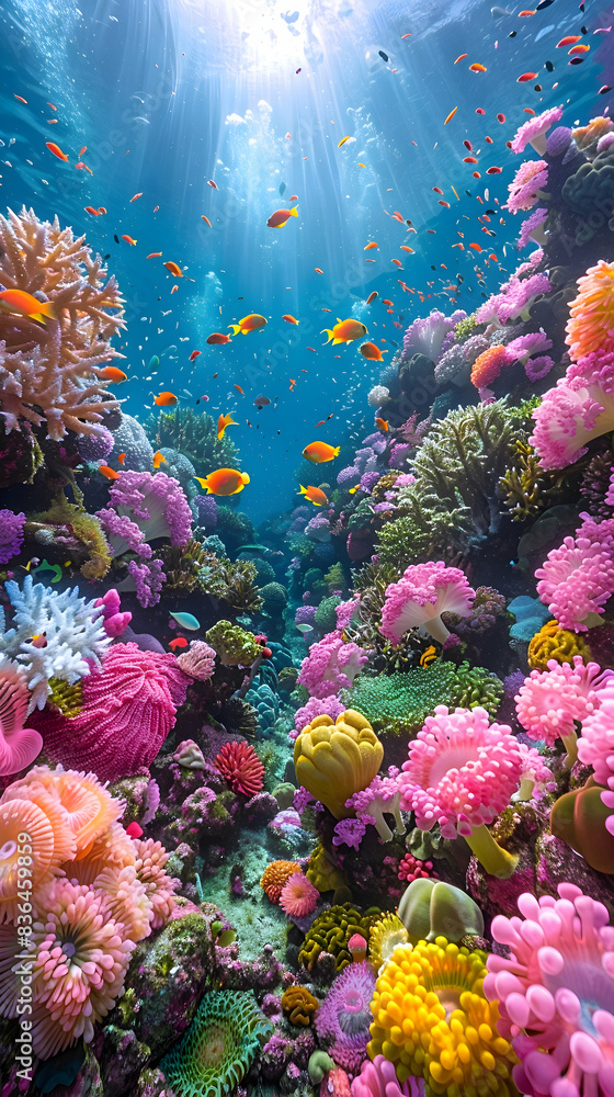 Fototapeta premium A panoramic view of a nature coral reef, the vastness of the marine ecosystem captured beautifully