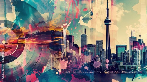  Collage of Toronto with CN Tower, vintage vinyl record art, mild luminescence rises from liquid currents photo
