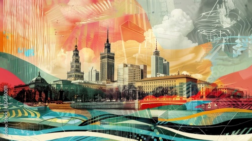 Collage of Warsaw with Palace of Culture and Science, classic graphic motifs, soft shimmer arises from fluid waves