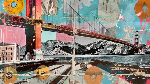  Collage wallpaper of San Francisco with the Golden Gate Bridge, vintage vinyl record art, subdued brilliance emanates from fluid lines