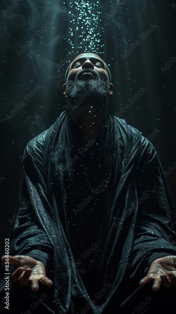 Man sitting with head tilted back and eyes closed in dark room with light rays. Studio photography. Islamic spirituality and enlightenment concept. Front view. Man sitting with head tilted back and eyes closed in dark room with light rays. Studio photography. Islamic spirituality and enlightenment concept. Front view.