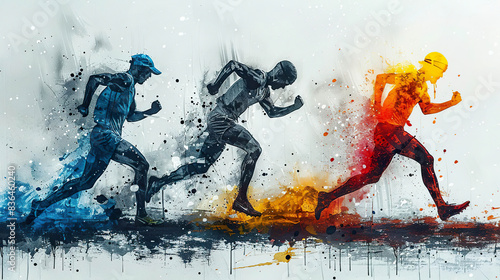 Three runners in a race, their silhouettes rendered in blue, black, and orange, against a dynamic abstract background. Generated by AI.