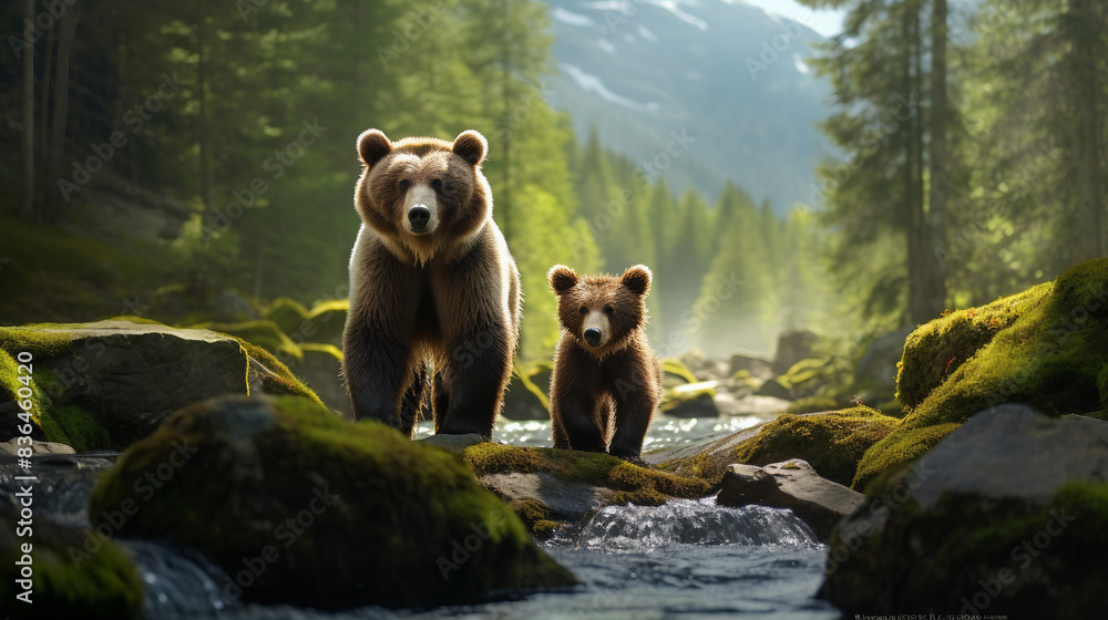 Fototapeta premium brown bear in a forest looking for fish hunting