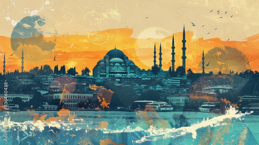 Naklejka premium Istanbul skyline collage with Hagia Sophia, retro pop culture art, gentle radiance emanates from liquid routes