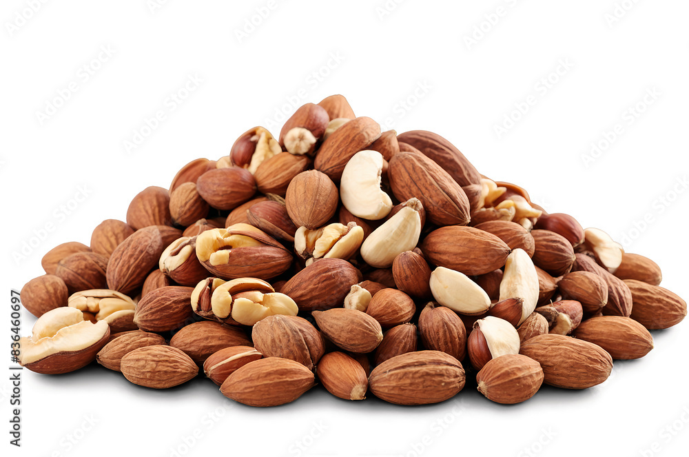 A pile of various nuts including almonds and cashews on a transparent, white background, suitable for png A pile of various nuts including almonds and cashews on a transparent, white background, suitable for png
