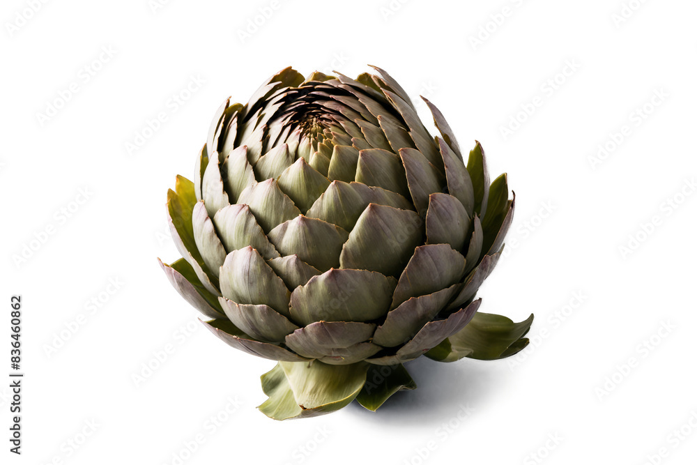 Fototapeta premium A fresh green artichoke with rich texture isolated on a transparent, white background, compatible with png format