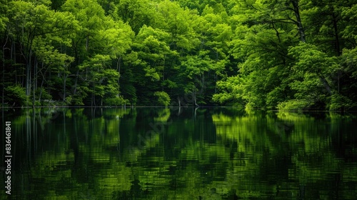 Green water landscape reflecting trees