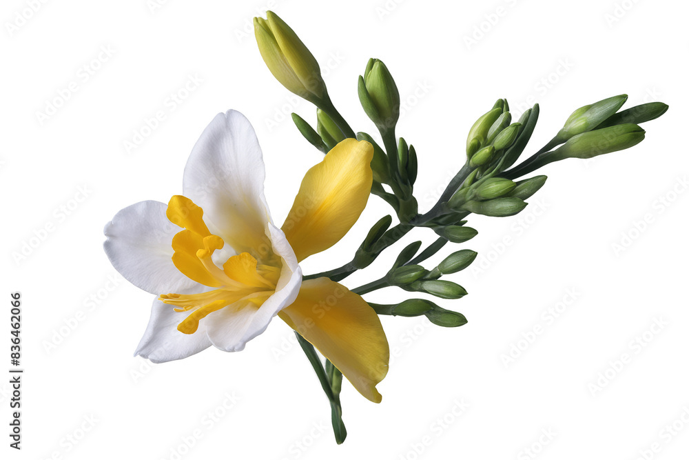 Beautiful freesia flowers with mixed yellow and white petals on a transparent, white background, png, perfect for spring concepts Beautiful freesia flowers with mixed yellow and white petals on a transparent, white background, png, perfect for spring concepts