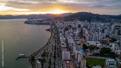 Aerial view of Avenida Beira Mar in Florianopolis, Santa Catarina, Brazil. At sunrise. photo