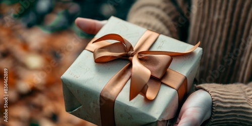 A close-up of a hand holding a beautifully wrapped gift with an elegant ribbon photo