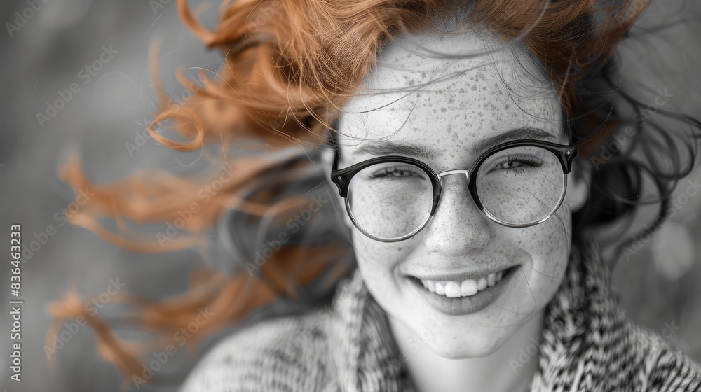 Emotions Quirky red haired girl with a nerdy charm captured in a stylish black and white photograph