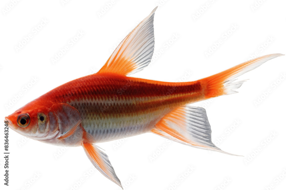 Fototapeta premium A vibrant red and orange goldfish swimming, isolated with transparent, white background,, png