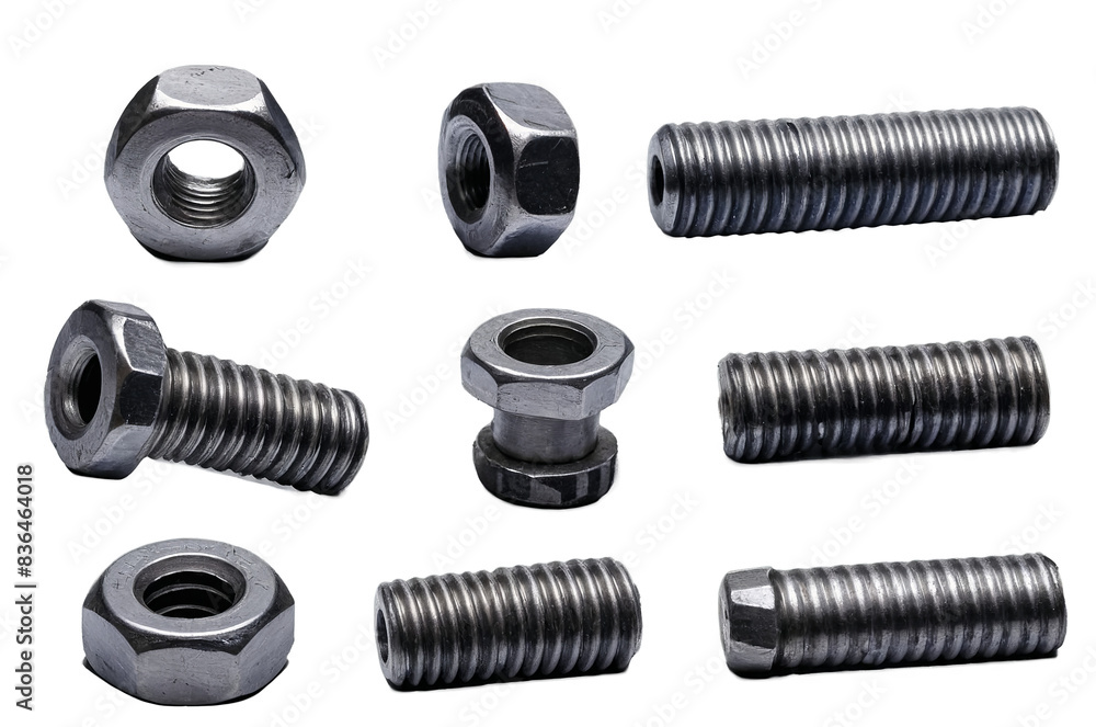 A well-organized collection of various bolts and nuts isolated on a transparent, white background in png format A well-organized collection of various bolts and nuts isolated on a transparent, white background in png format