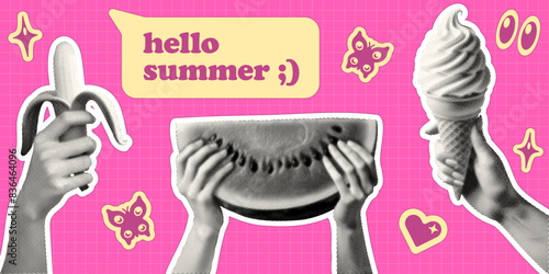 hands holding summer food snack set concept template design with watermelon banana ice cream cone isolated with retro grunge halftone dotted effect y2k vector shapes pink background
