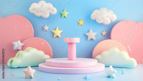 Whimsical 3d Art: Dreamy Clouds, Stars, And Podium On Sweet Pastel Background With Space For Baby Product Ads photo