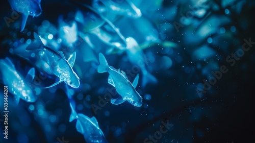 School of fish swimming in dark blue water, Beautiful group of silver fish swimming together in captivity in a dark, underwater aquarium environment photo