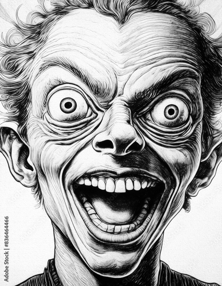 Obraz premium 白い画用紙に描かれた強風の中で絶叫する男性の顔のイラスト