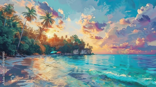 Capture a breathtaking panoramic view of a tropical island paradise at sunset