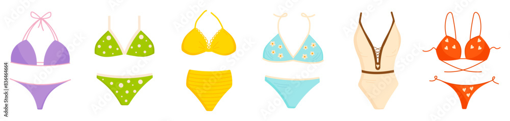 Set of fashionable women's swimsuits. Various colored fashionable summer models of swimsuits. Summer vacation clothes. Flat illustration isolated on white background. Vector illustration. Set of fashionable women's swimsuits. Various colored fashionable summer models of swimsuits. Summer vacation clothes. Flat illustration isolated on white background. Vector illustration.