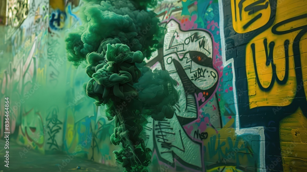 Deep green smoke dances in front of street art, a minimalist urban design. Deep green smoke dances in front of street art, a minimalist urban design.