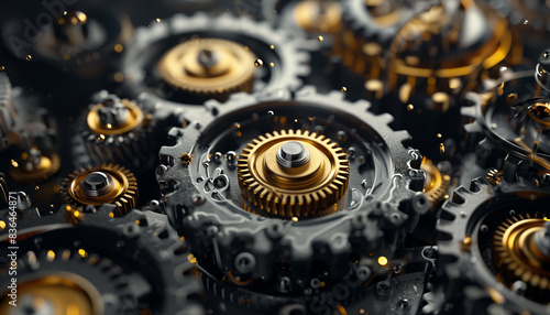 3d Rendered Illustration Of A Steampunk Mechanism With Gears, Metal Spheres, And Gold Rings On Dark Background