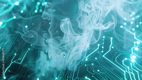 Gossamer white smoke traces neon blue circuits, a minimalist approach to a futuristic design. photo