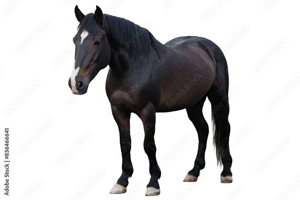 Majestic black horse with a white blaze, photographed transparently on a white background, png format Majestic black horse with a white blaze, photographed transparently on a white background, png format