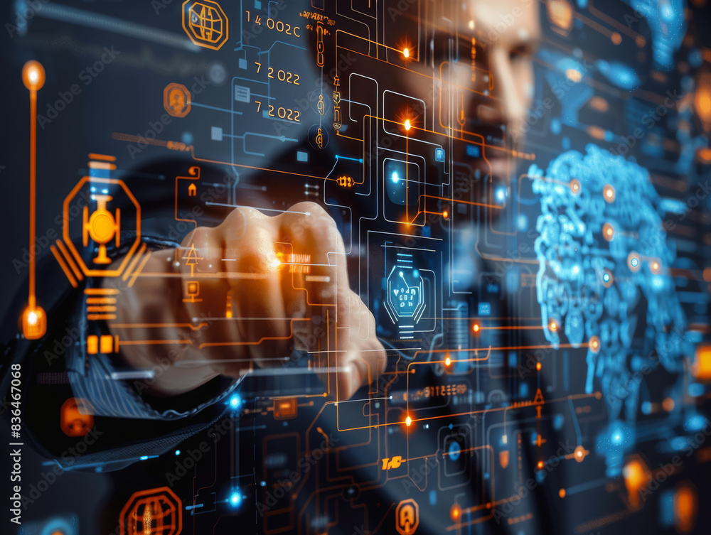 Fototapeta premium A business professional interacts with a futuristic virtual interface displaying holographic data elements, emphasizing global connectivity and advanced technology.