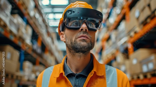 Warehouse worker using VR glasses to streamline package picking and delivery, showcasing advanced supply chain technology.
