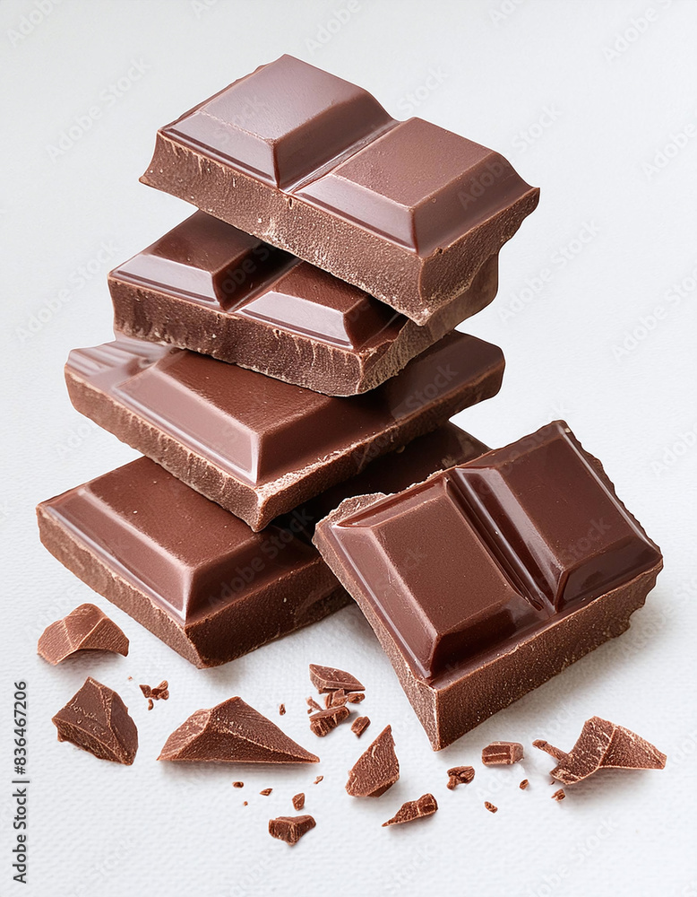 A stack of broken milk chocolate bars on a white background with scattered crumbs A stack of broken milk chocolate bars on a white background with scattered crumbs