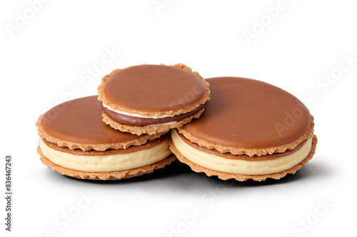 This image features three chocolate-coated biscuits with a creamy filling, isolated on a white background, suitable for png and transparent use