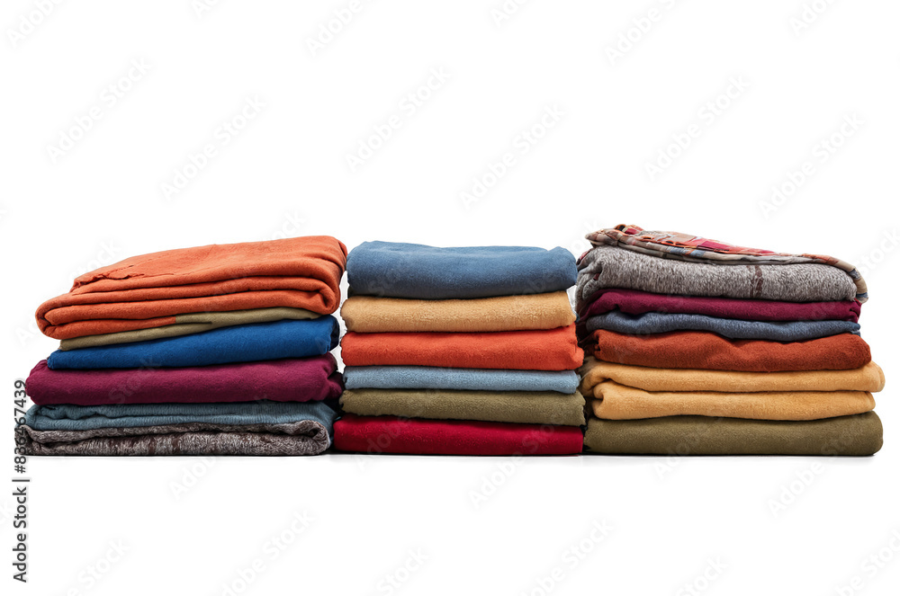 A neat stack of colorful blankets, displaying texture and variety against a transparent, white background, perfect for png use A neat stack of colorful blankets, displaying texture and variety against a transparent, white background, perfect for png use