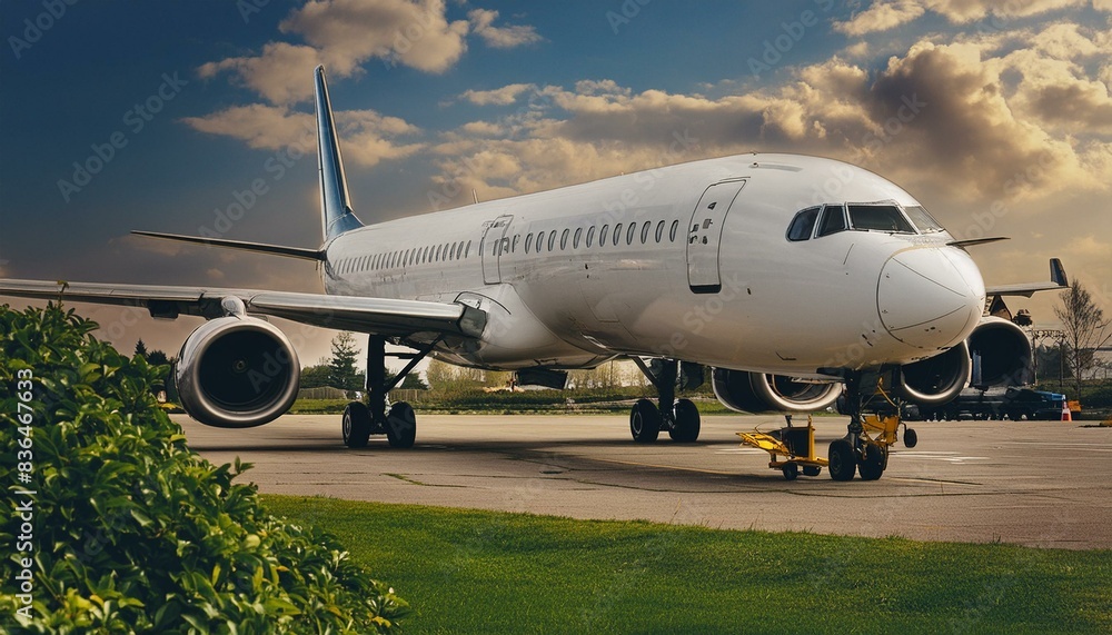 Obraz premium Transportation background with plane and sky, copy space text area