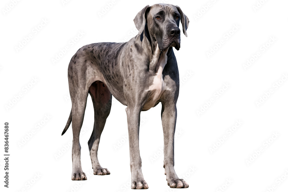 A large Great Dane dog's body with face obscured sitting against a white background in a png format A large Great Dane dog's body with face obscured sitting against a white background in a png format
