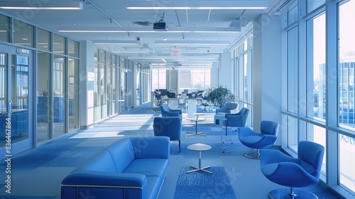 Background image of contemporary office lounge with blue furniture and glass walls. Lobby decorate with blue wall. Modern corporate interior design concept. Design for wallpaper  banner. AIGT2.