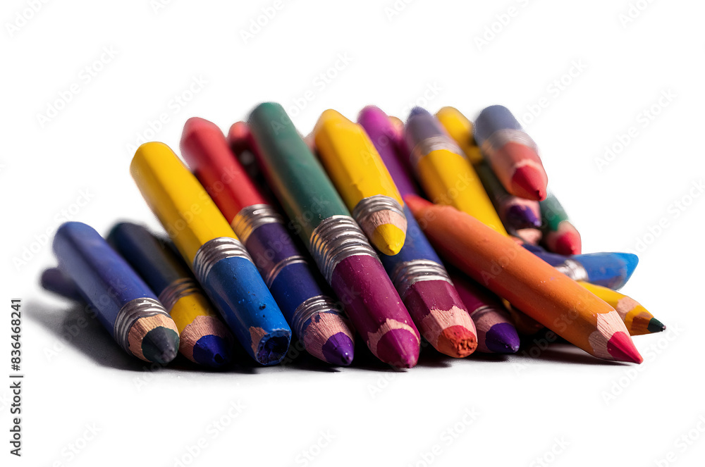 Vivid broken crayons on a transparent png with white background, depicting creativity and playfulness Vivid broken crayons on a transparent png with white background, depicting creativity and playfulness