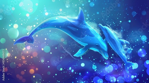 dolphins on a bright background with highlights, dots and lights. photo