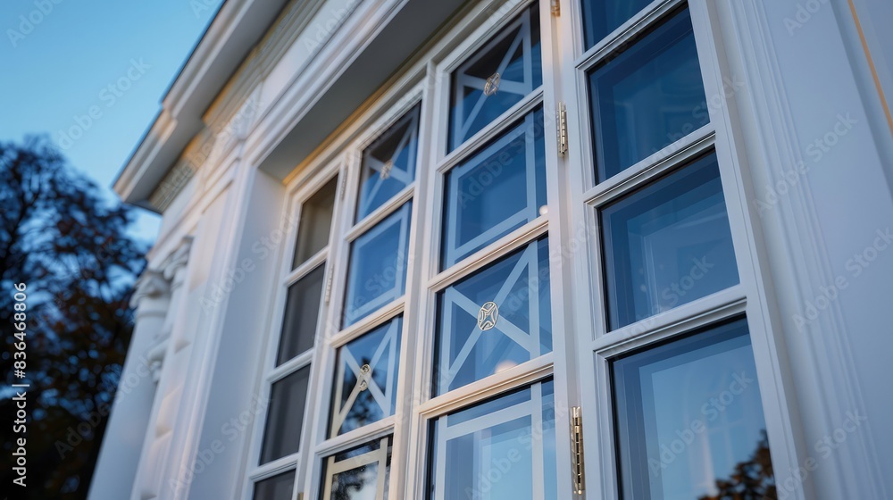 A close-up of the architectural details of a white mansion's window design, featuring modern art deco influences, with the twilight sky reflecting in the glass. A close-up of the architectural details of a white mansion's window design, featuring modern art deco influences, with the twilight sky reflecting in the glass.