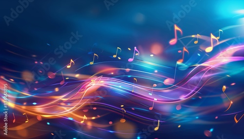 Abstract background with musical notes and glowing lights, on a blue background, photo