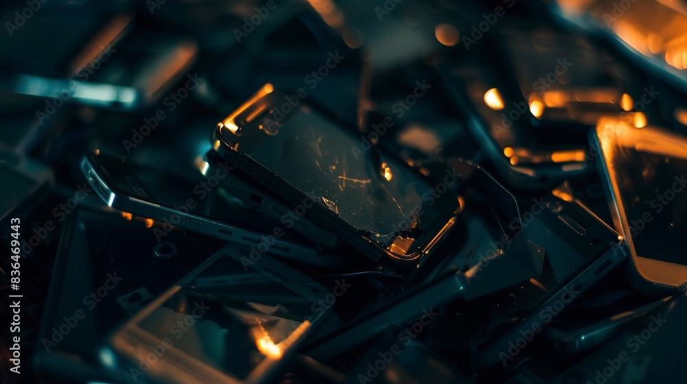 Close-up of discarded smartphones, electronic waste, dim indoor lighting Close-up of discarded smartphones, electronic waste, dim indoor lighting