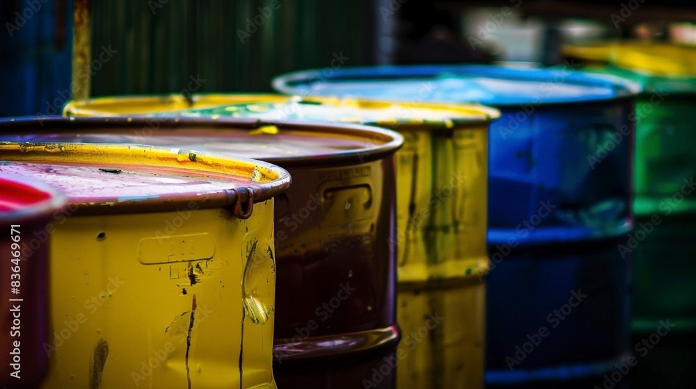 Close-up of industrial barrels for waste, vivid colors, sharp detail, indoor lighting Close-up of industrial barrels for waste, vivid colors, sharp detail, indoor lighting