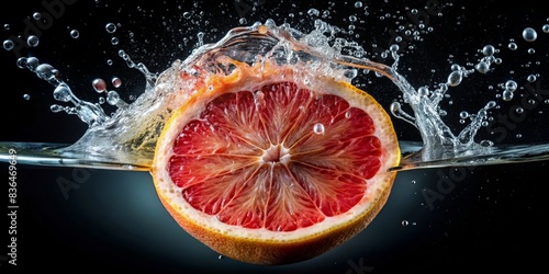 Grapefruit with water droplets and half submerged in water on a black background - Generative AI