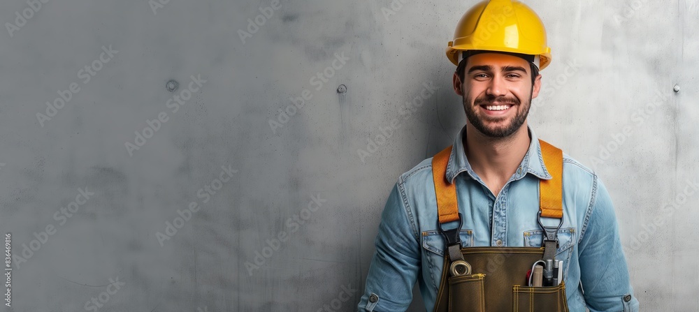 poster of a smiling man in overalls and a construction helmet, offset to the edge of the photograph, on a plain background poster of a smiling man in overalls and a construction helmet, offset to the edge of the photograph, on a plain background