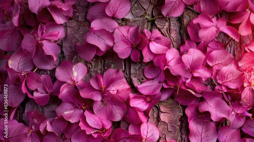 Close up of vibrant pink flowers blooming on a Judas tree scientifically known as Cercis siliquastrum The rich pink blossoms emerge on mature growth such as the trunk during the spring seas
