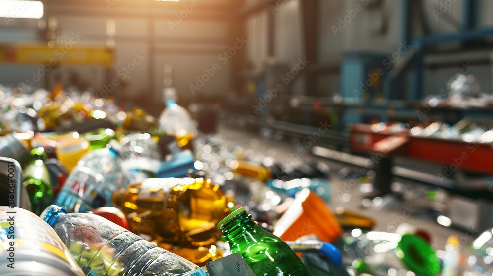 Close-up on sorting area at recycling facility, various recyclables, bright indoor light Close-up on sorting area at recycling facility, various recyclables, bright indoor light