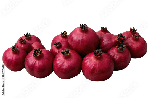 Multiple ripe pomegranates arranged together on a transparent, white background, png format, showing vibrant color