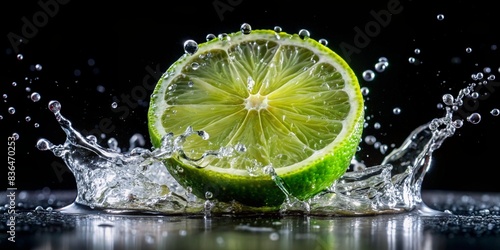 Half slice lime with water droplets and half submerged in water on a black background - Generative AI
