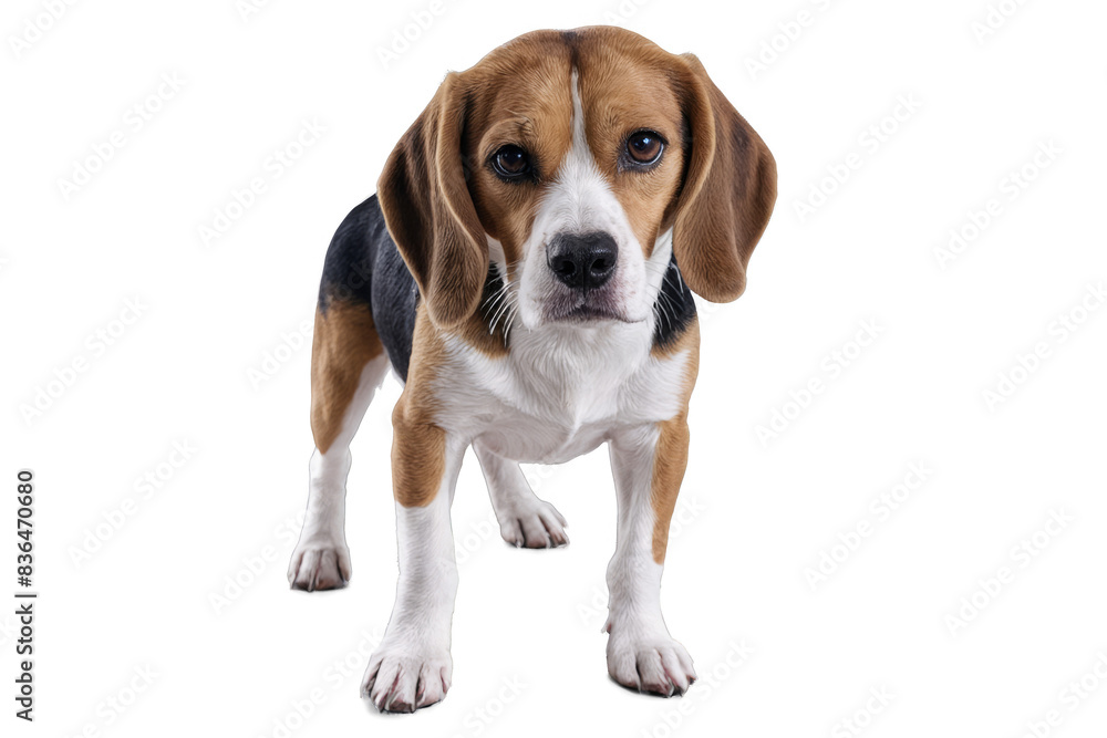 A Beagle dog standing, its face blurred for privacy, against a transparent, white background, png format image A Beagle dog standing, its face blurred for privacy, against a transparent, white background, png format image