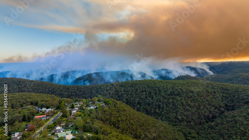 Drone aerial photograph of controlled bush fire hazard reduction burning by the Rural Fire Service in the Blue Mountains in NSW, Australia.